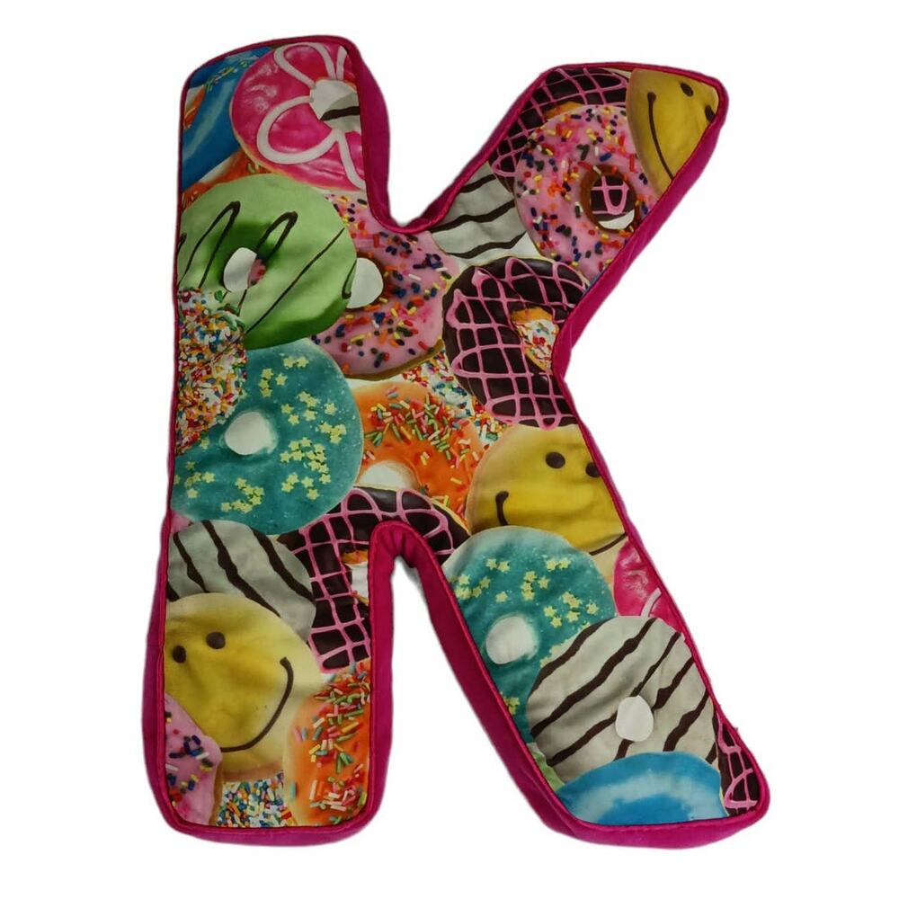 ISCREAM Lettermania "K" Microbead Pillow 16" Happy Donut Print Pink Fleece Back